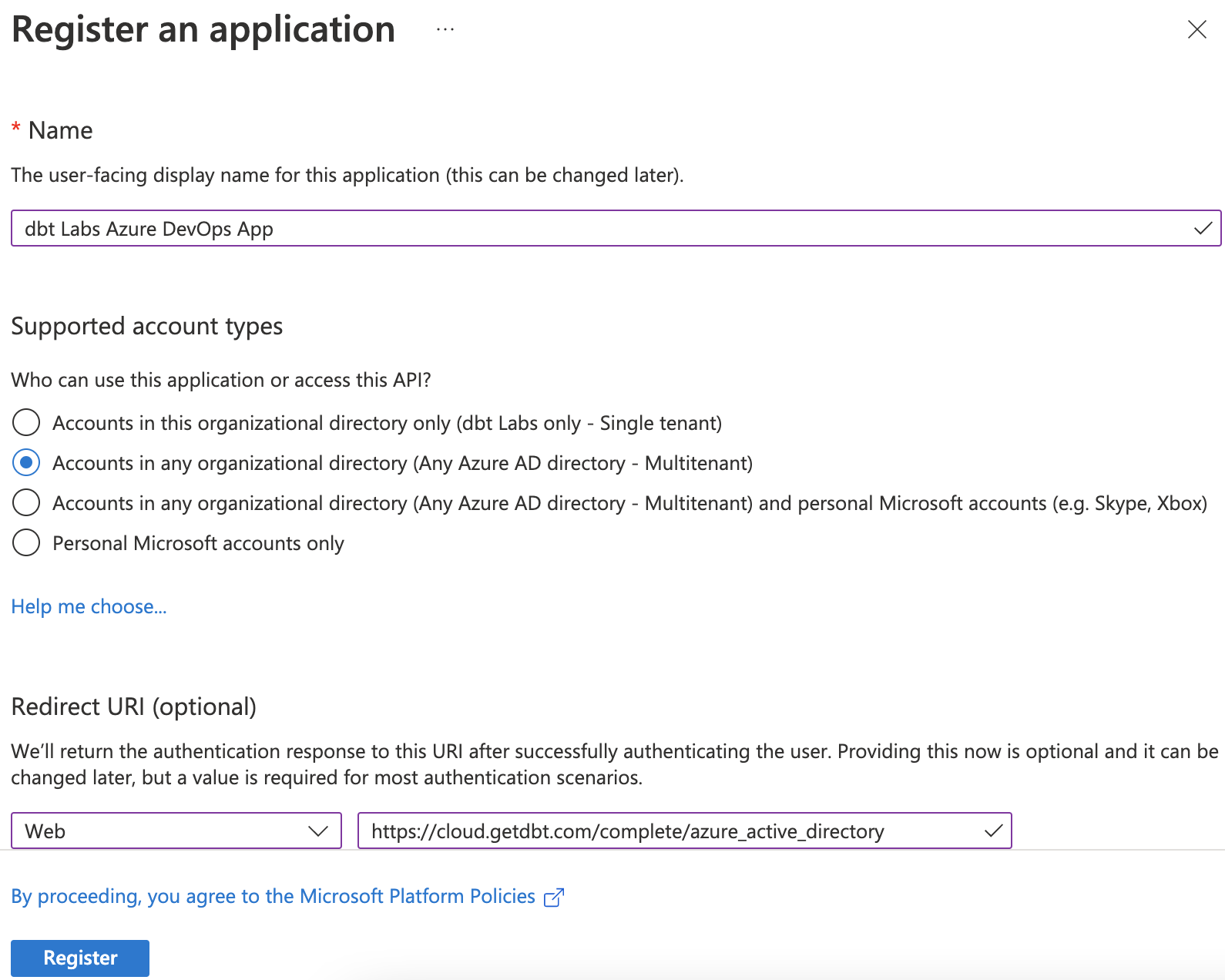 Registering an Active Directory app